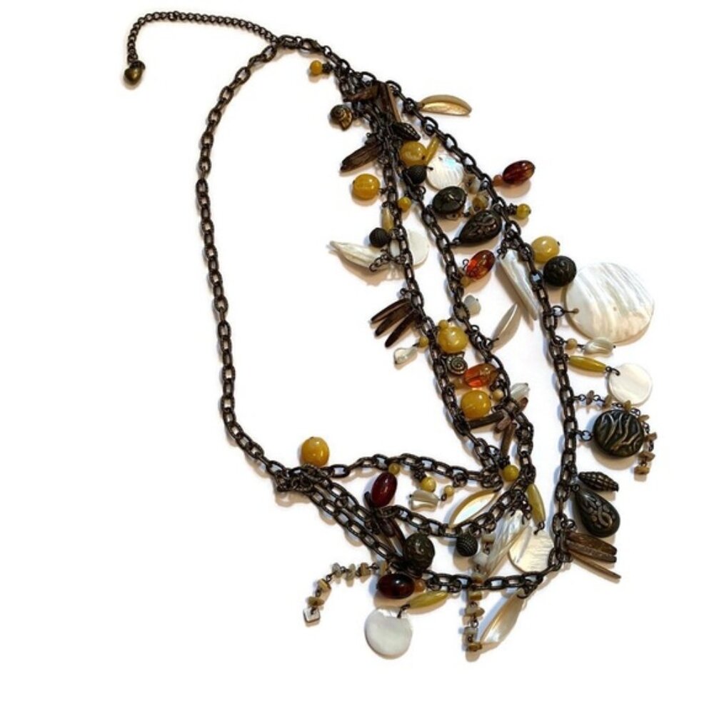 NECKLACE CHARMS SHELLS GLASS BROWN WHITE YELLOW MIXED MEDIA 30”